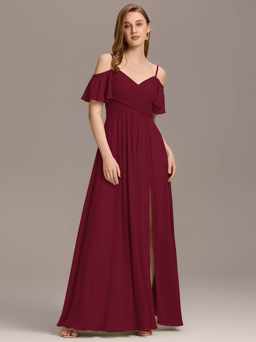 Off Shoulder Short Sleeve Pleated A-Line Bridesmaid Dress with Side Split – Floor Length - Biamonde